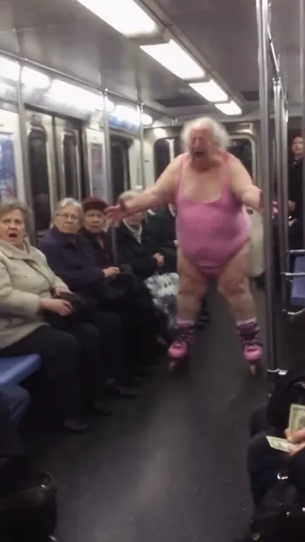 Bob con tutú rosa y patines bailando en un vagón de metro, escena generada con IA